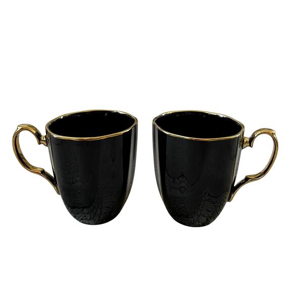 Grace Teaware Fine Porcelain Black & Gold Coffee Mugs Tea Cup Set of 2 NEW - Picture 1 of 15